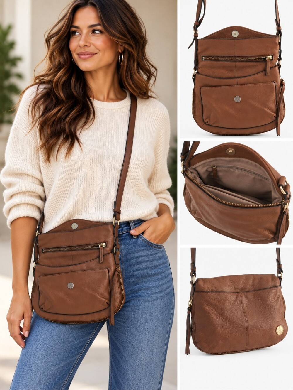 Vince Camuto Tan Pebbled quality leather Crossbody Bag Zip/Magnetic, Gold
